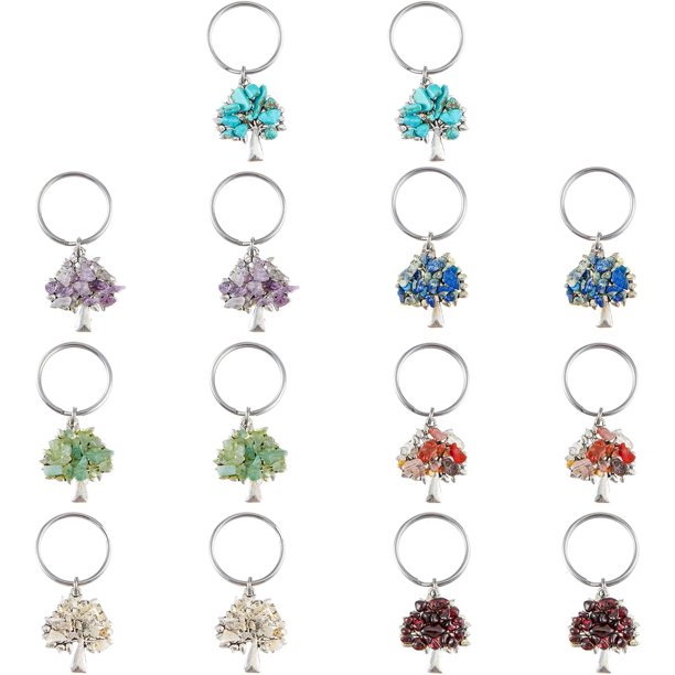 Llavero con forma de árbol de la vida, con piedras preciosas, de piedra natural, con anillos divididos.