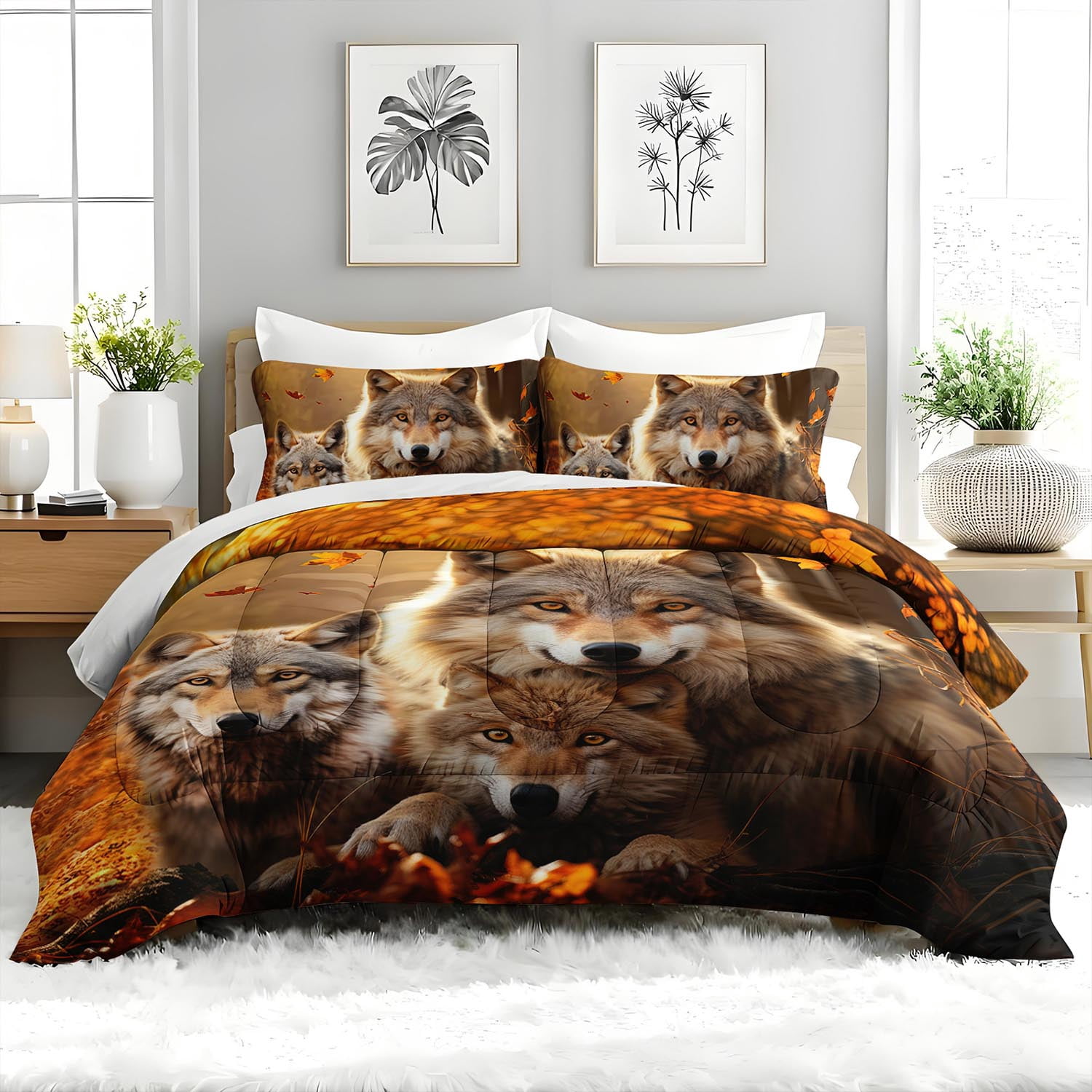 3pcs Wolf Family Autumn Leaves Comforter Set, Realistic Wildlife Bedding Set for Bedroom or Guest Room Decor, All Seasons Quilt Machine Washable Duvet with 2 Pillowcases