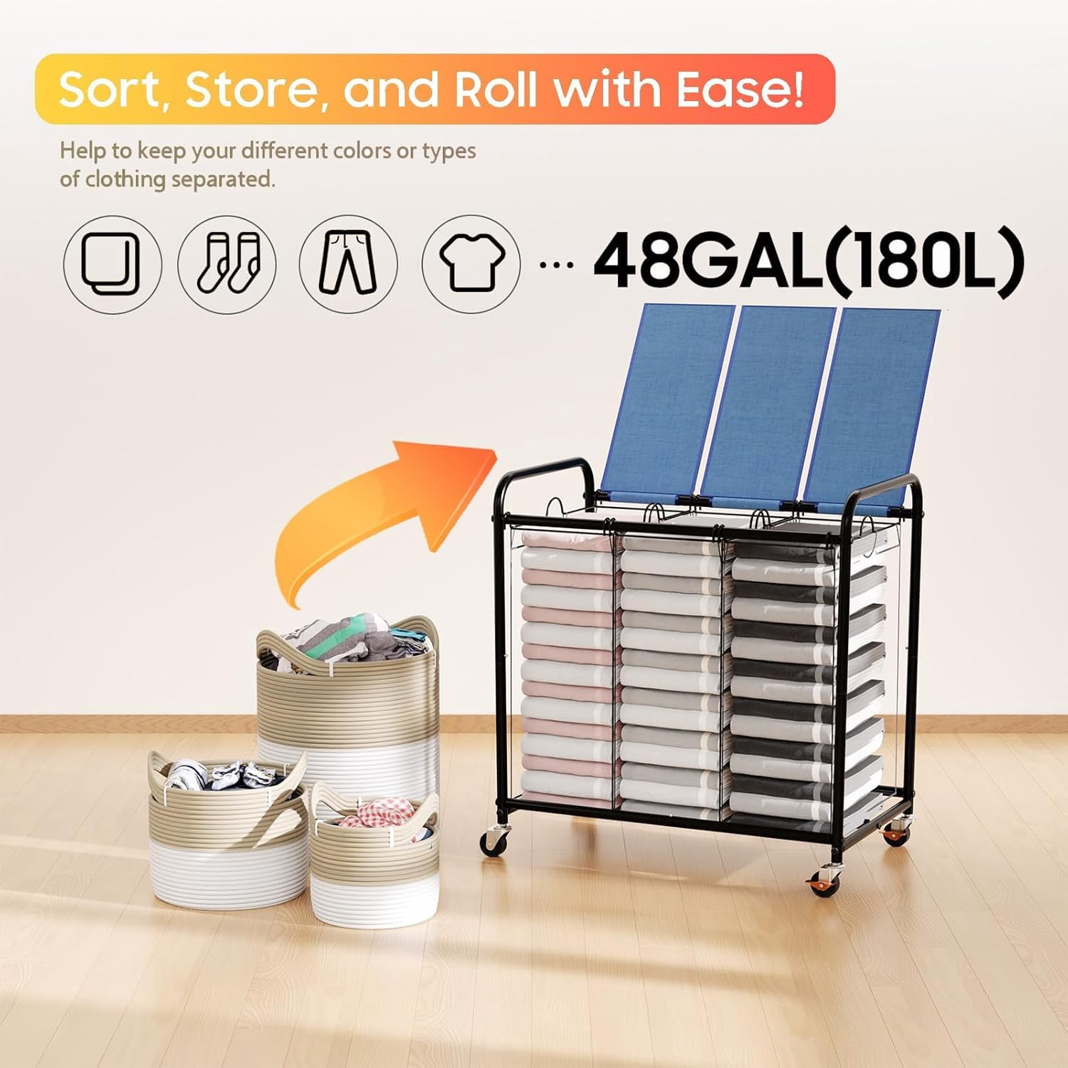 180L (47.55 Gal) Laundry Sorter 3 Section, Rolling Laundry Basket with Lockable Wheels and Lid, Laundry Hamper with 3 Separated Removable Bags Dirty Clothes Hamper for Laundry Room Organizer, Blue