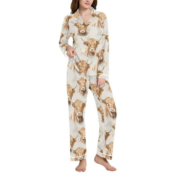 joogoo Pajamas Set for Women Highland Cattle Flower-w5 Long Sleeve Pjs Loungewear L