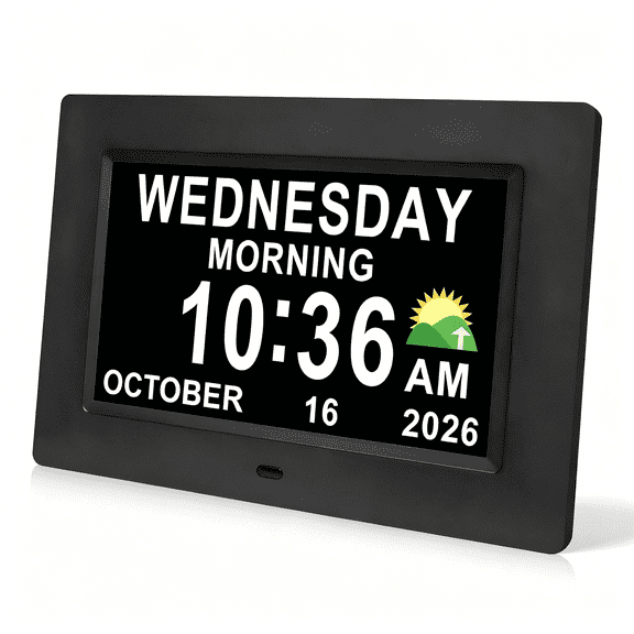 GJX Digital Calendar Dementia Alarm Clock with Day and Date for Elderly - 15 Alarms 5 Colors Display Large Display Alzheimers Clock Large Digital Clock for Seniors (7in Black)