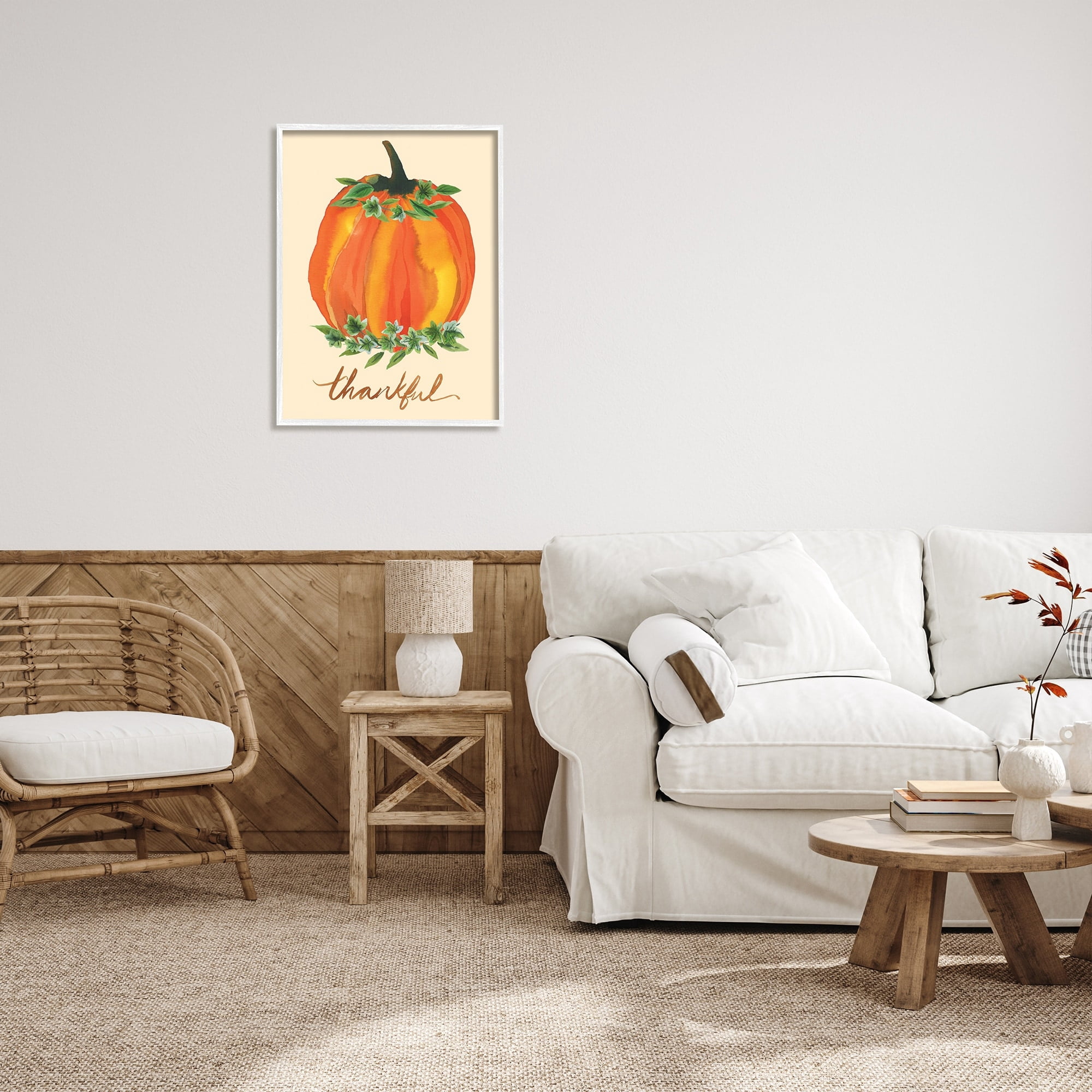 Stupell Industries Thankful Orange Pumpkin Leaf Botanicals Autumn Plants Graphic Art White Framed Art Print Wall Art, Design by Heather McLaughlin