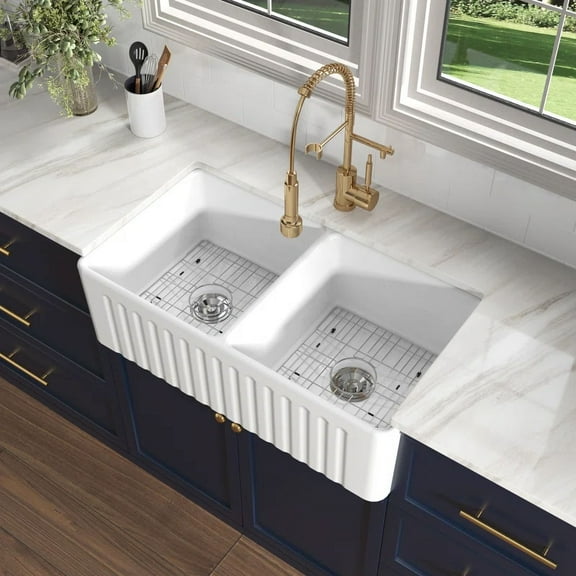 HOROW 33x18 inch Fireclay Kitchen Sink Undermount Double Bowl Apron-front Ceramic with Bottom Grid and Strainer