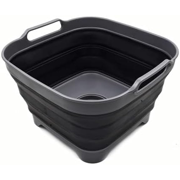 10L (2.64 Gallon) Collapsible Dishpan with Draining Plug - Foldable Washing Basin - Portable Dish Washing Tub - Space Saving Kitchen Storage Tray (1, Grey/Black)