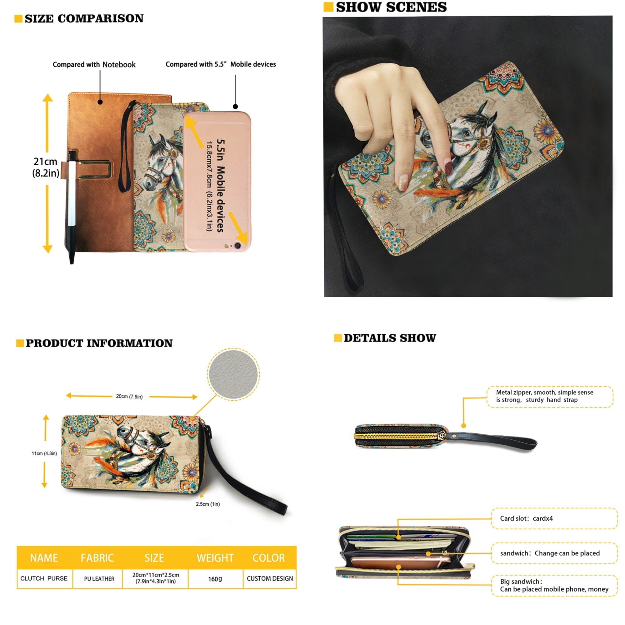 Kuiaobaty Horse Print Satchel Handbag for Women, Mandala Flowers Print Shoulder Bag Leather with Adjustable Strap, Ethnic Style Tote Handbag Set 2pcs for Travel, Beige