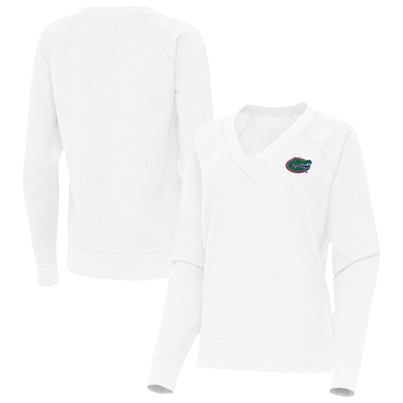 Women's Antigua White Florida Gators Varsity V-Neck Tri-Blend Pullover Sweatshirt