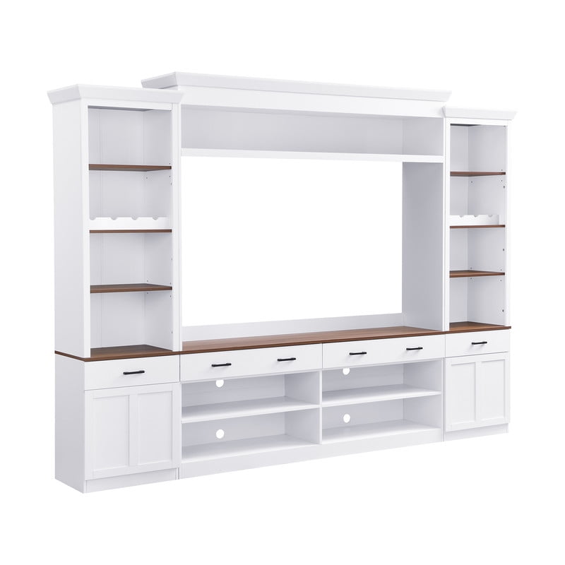 Farmhouse 4-Piece Entertainment Center with Bookshelves for TVs Up to 70", TV Stand with Storage Cabinets, Drawers, Adjustable Shelves and Wine Rack, Mid-Century Media Console for Living Room