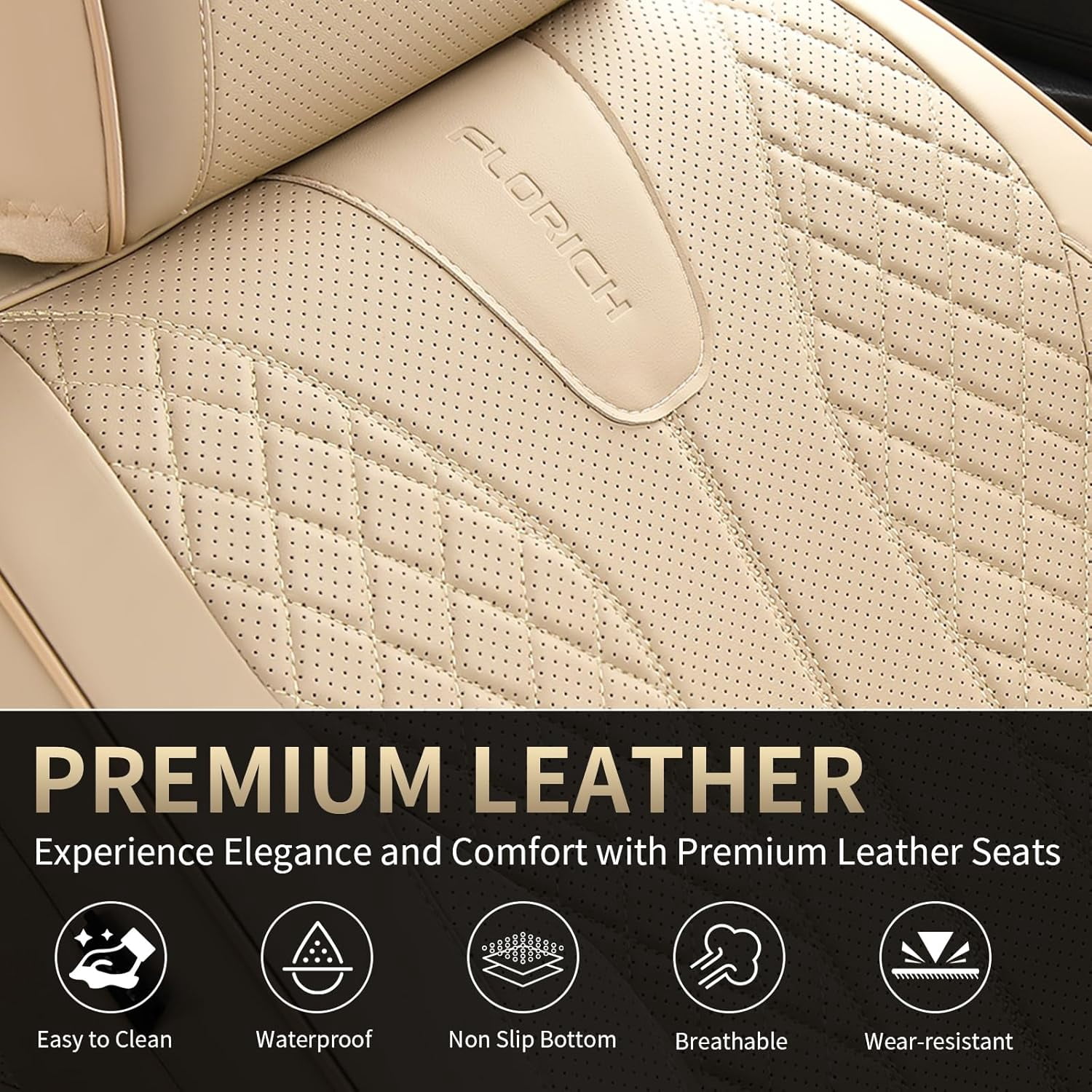 FLORICH Full Set Car Seat Covers, Premium Faux Leather Seat Protectors, Breathable Material Cushions Universal Fit for Most Cars, Beige