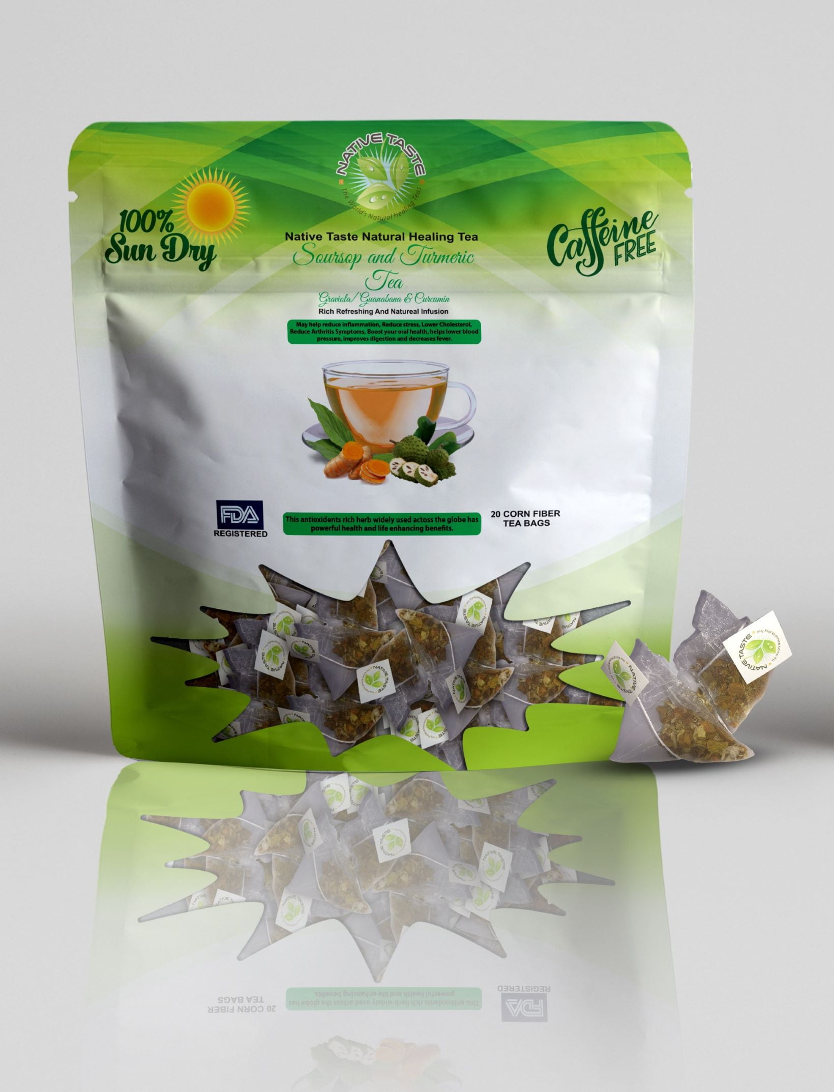 Soursop and Turmeric Tea 20 Pyramid Corn Fiber Teabags 100 Sun Dry Cut