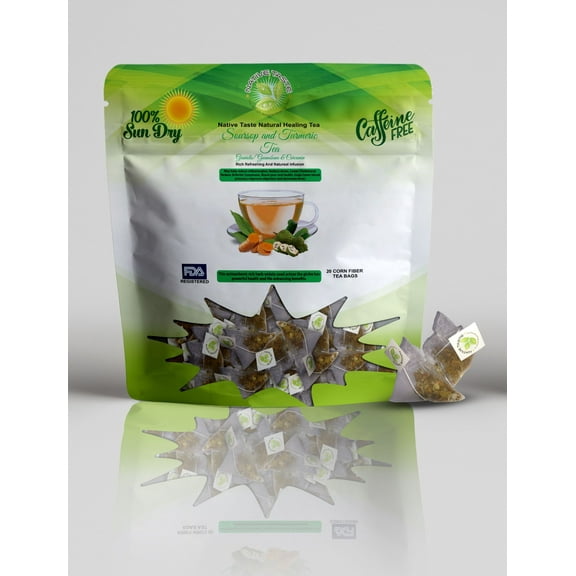 Soursop and Turmeric Tea 20 Pyramid Corn Fiber Teabags 100% Sun Dry Cut and Sift Tea Leaves in Pyramid Teabags 100 percent Natural Taste!