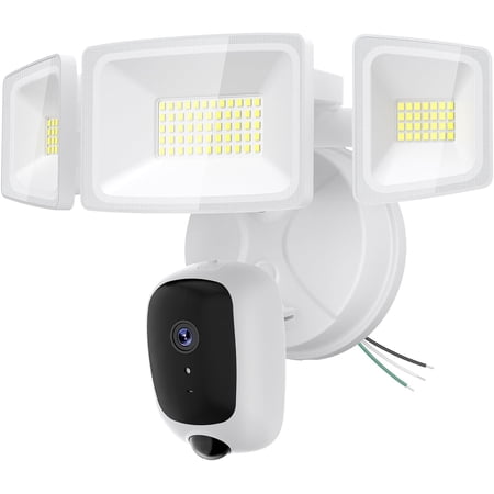 6500 lumens floodlight camera hardwired, 2 high definition outdoor security cameras, with motion activation, color night vision, all-weather recording, two-way audio, 2.4, built-in alarm, compatible
