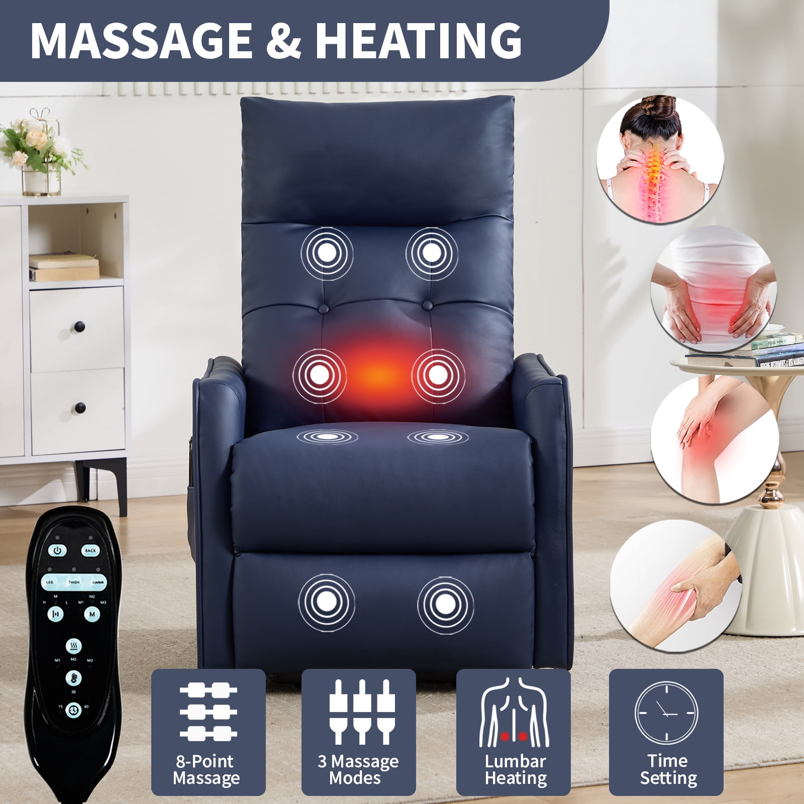 BSHTI Power Lift Recliner Chair with Massage and Heat, Single Motor 155° Recline, USB Charging Port, PU Leather, Easy Assembly, Blue