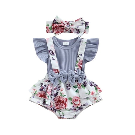 

ELF Baby Girl s Summer Romper Cotton Ruffle Sleeve Bowknot Decorated Floral Printed Patchwork Romper + Headband 0-18M