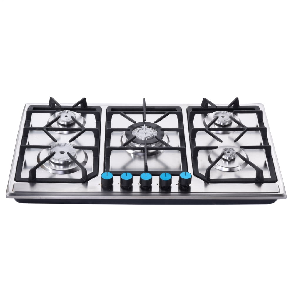 Flylapdo 110V 3.3kW Electric Ignition Propane Cooktop, Convertible Nozzles Stainless Steel 5 Burners Stove for Home and Commercial Kitchens