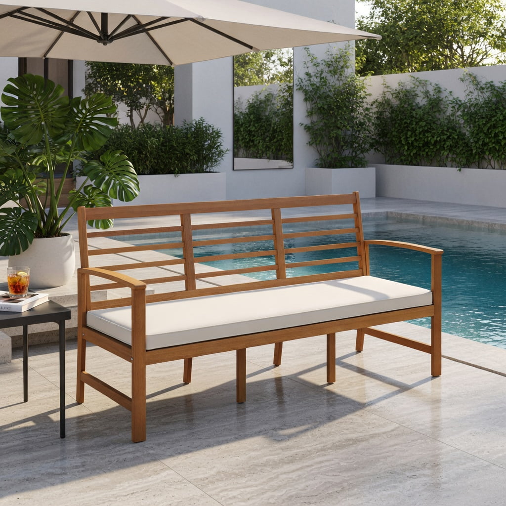 Hommoo 64" Acacia Wood Patio Bench with Off-White Polyester Cushion, Sturdy Outdoor Garden Bench for Backyard, Porch & Deck, Natural