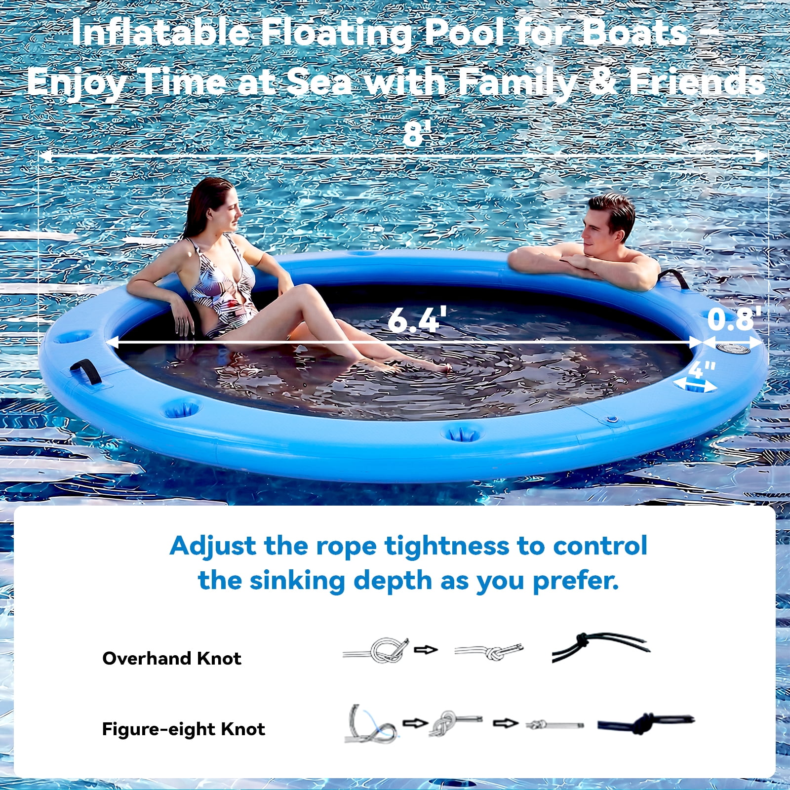 Danrelax 8' Round Inflatable Floating Dock with Cup Holders, Sunchill Float Ring, Hammock Tanning Pool with 4in Woven Fabric, Manual Pump for 1-2 Min Quick Inflate/Deflate, Fits 2-8, Ideal for Lakes