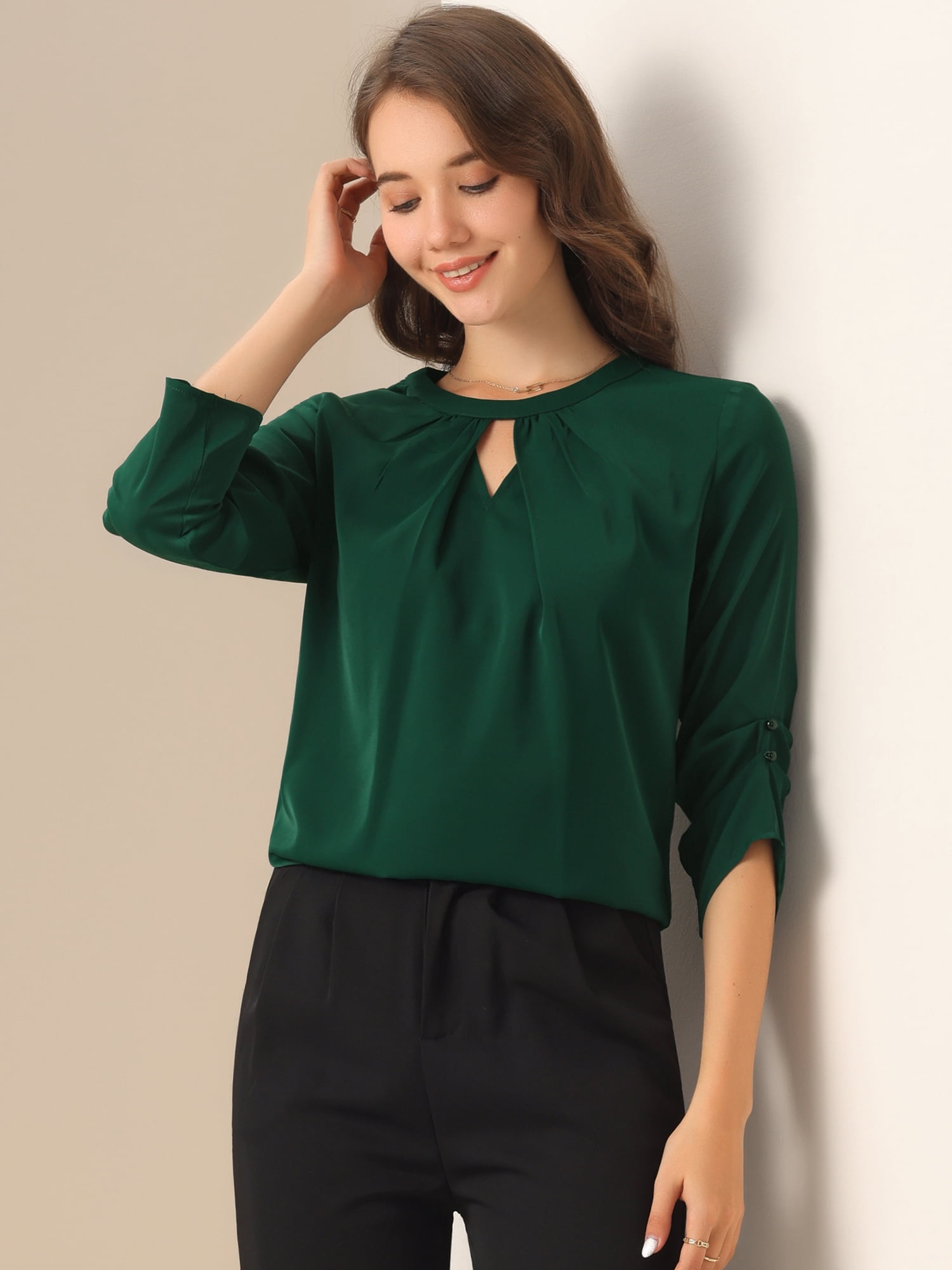 DARING DIVA Round Neck Keyhole Pleated Shirred Work Top M Dark Green