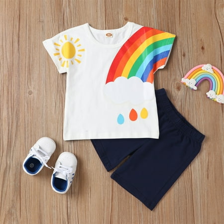 

Hunpta Kids Toddler Boy Clothes Casual Short Sleeve Rainbow Sun Printed Shirt Soild Shorts 2pcs Outfits Set