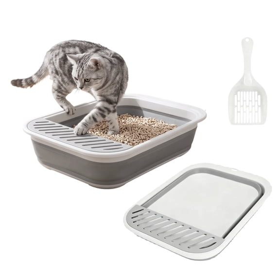 Foldable Cat Litter Box with Scoop, Collapsible Travel Toilet for Small Cats, Low Entry Anti-Splash Pan, Gray, 17.7 x 13.4 x 5 in