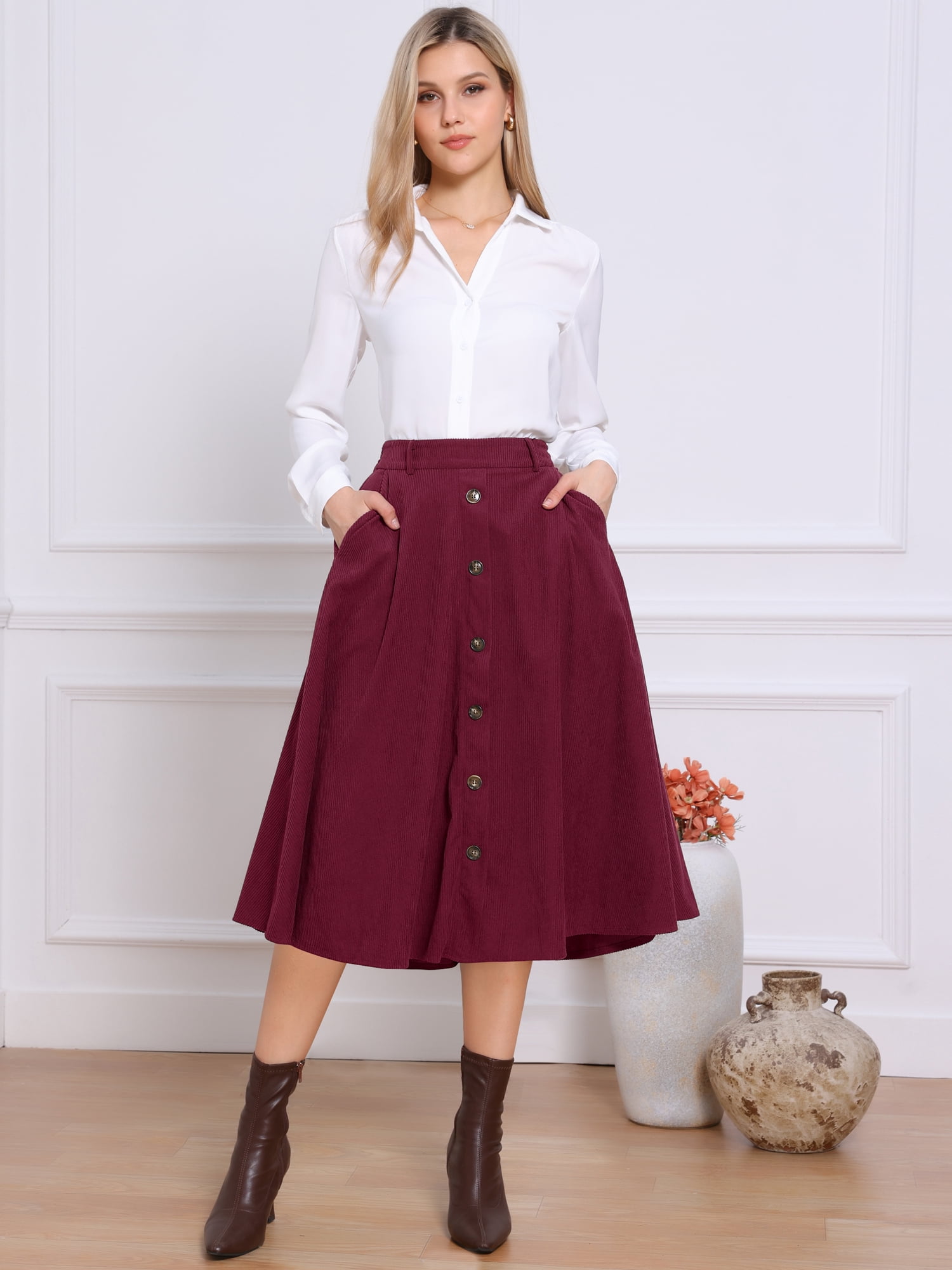 DARING DIVA Women's High Waist A Line Midi Skirts with Pockets Medium Burgundy