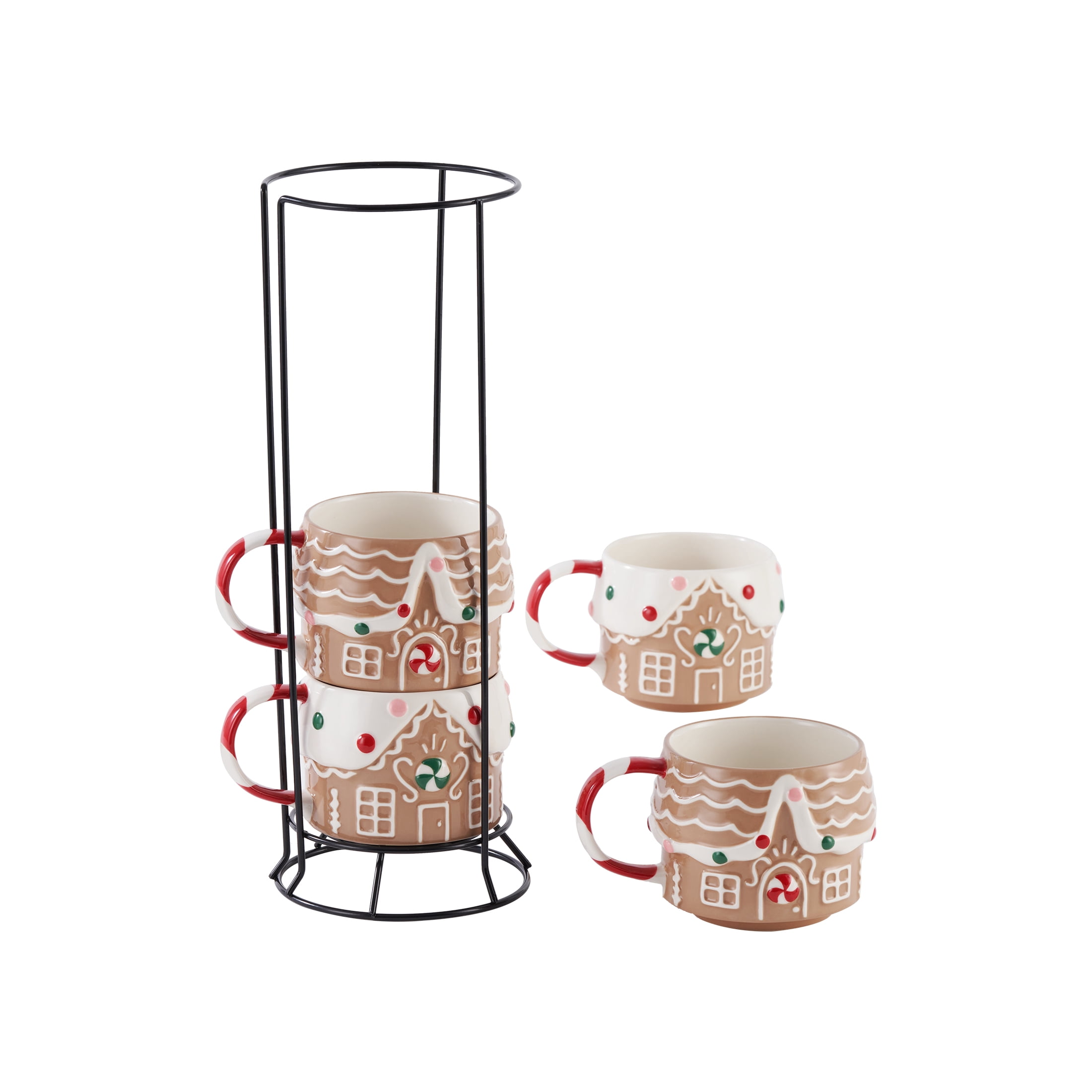 Gingerbread House Stacking Ceramic Mug Set 11.5 OZ 4-Piece Holiday Time
