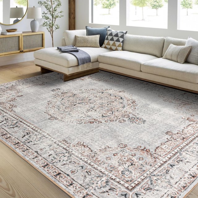 Alfombra de Área Bohemia Lavable 6x9 pies para Sala de Estar en Gris