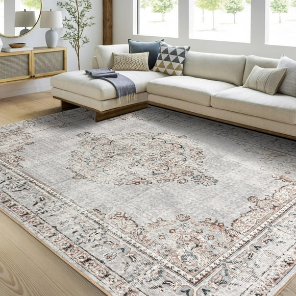 Alfombra de Área Bohemia Lavable 6x9 pies para Sala de Estar en Gris