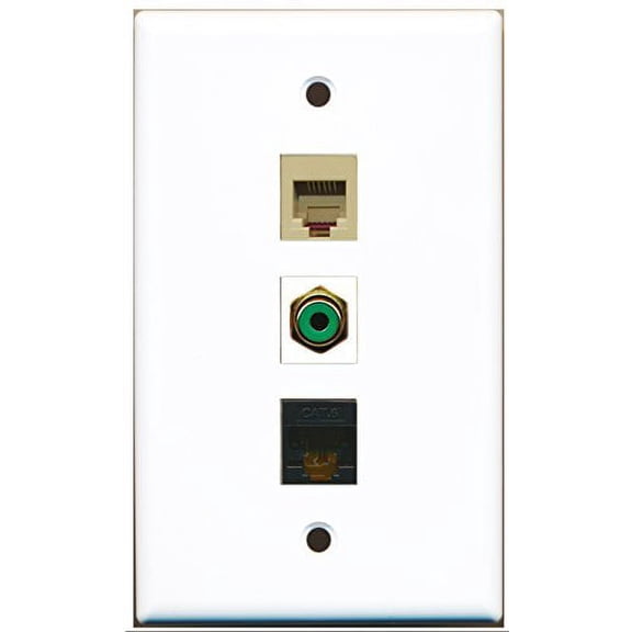 RiteAV - 1 Port RCA Green and 1 Port Phone RJ11 RJ12 Beige and 1 Port Cat6 Ethernet Black Wall Plate