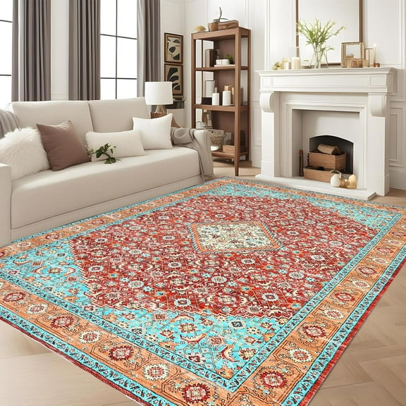 Washable 4x6 Area Rugs for Living Room - Rug Bedroom Rug-Carpet, Neutral Moody Vintage, Traditional Dining Room Rugs, Soft Comfortable, Non-Slip, Red