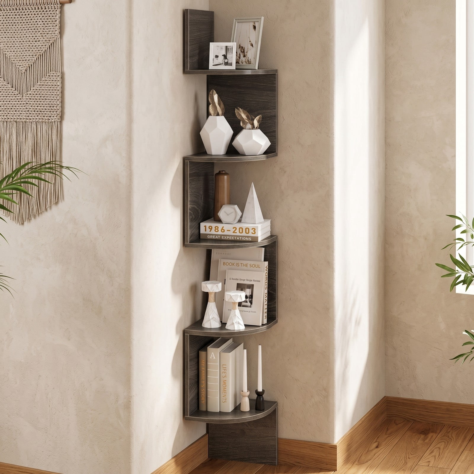 Furnibear 5-Tier Corner Shelf Floating Bookshelf, Wall Mounted Storage Organizer Display Rack for Books Plants Photos, Space-Saving Engineered Wood Corner, Oak