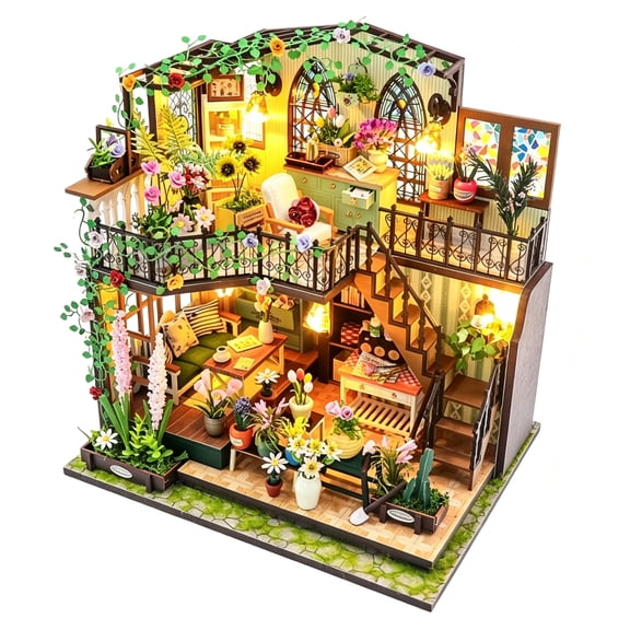DIY Miniature House Kit, Fairy Dollhouse for Adults to Bulid,Tiny Home Making Kit with Wooden Furniture and LED, Halloween Decoration for Family and Friends (Darcy Flower House)