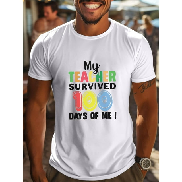 Camiseta informal de cuello redondo para hombre, 100 % algodón, manga corta, tejido de punto veraniego con estampado "Mi profesor sobrevivió 100 días de mí", corte regular, elasticidad media, 150 g/m²
