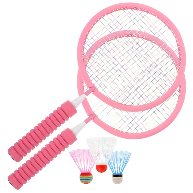 OULII 1 Set Badminton Racket Set Rosy Round Mesh Ergonomic Grip for Kids Beginners in 17.7x8.9in Size