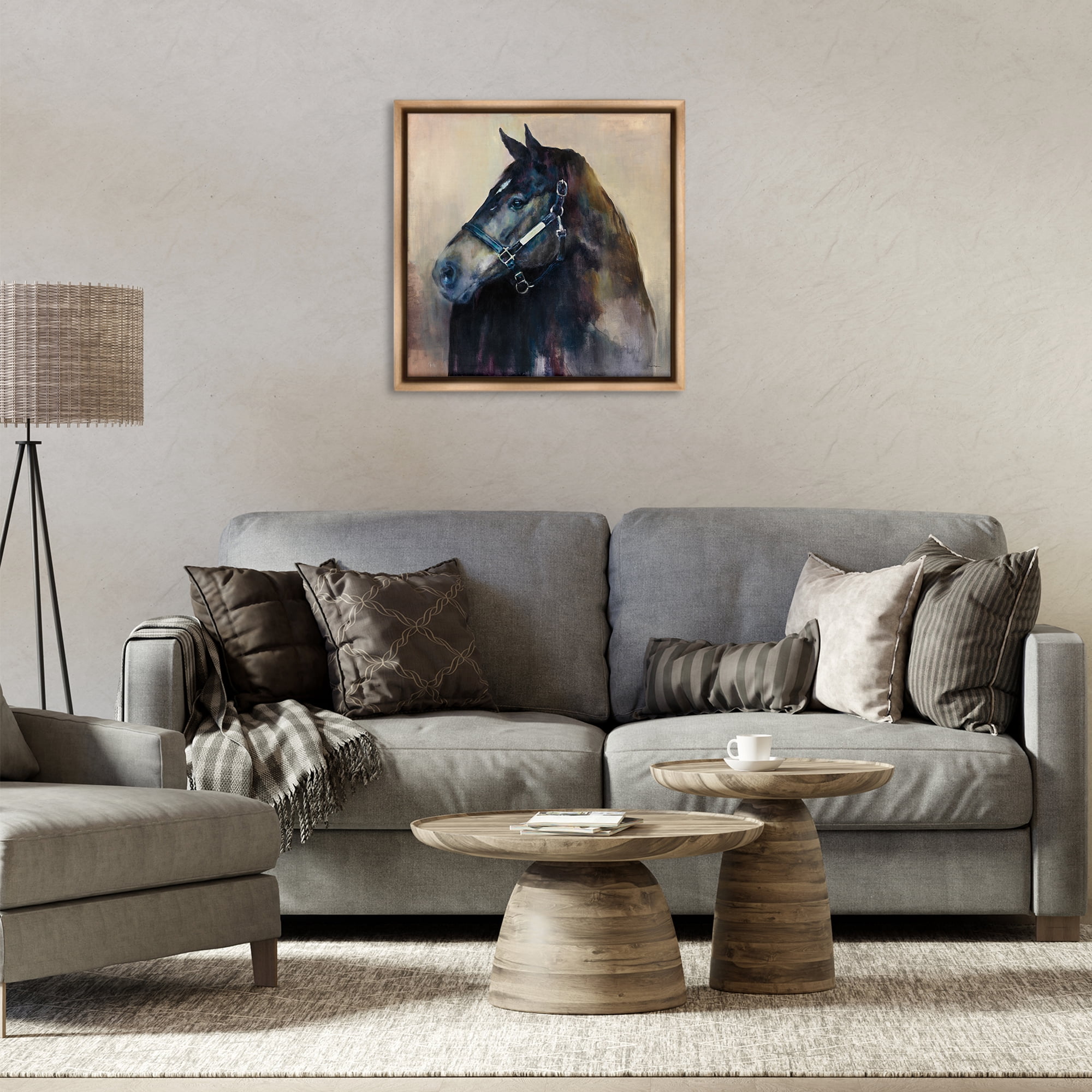 Stupell Industries Ritzy Black Horse Animals Painting Brown Floater Framed Canvas Art Print Wall Art, 25 x 25