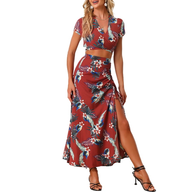 Unique Bargains Tropical 2 Pièces Tenues pour les Femmes Hawaïennes Twist avant Top et Froncé devant Maxi Jupe Set Rouge M