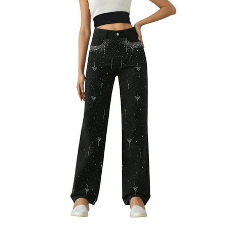 YUEHUA Women s Bling Rhinestone Jeans Sparkly Glitter Denim Pants High Waisted Skinny Straight Wide Leg Loose Fit Plus Size Size M