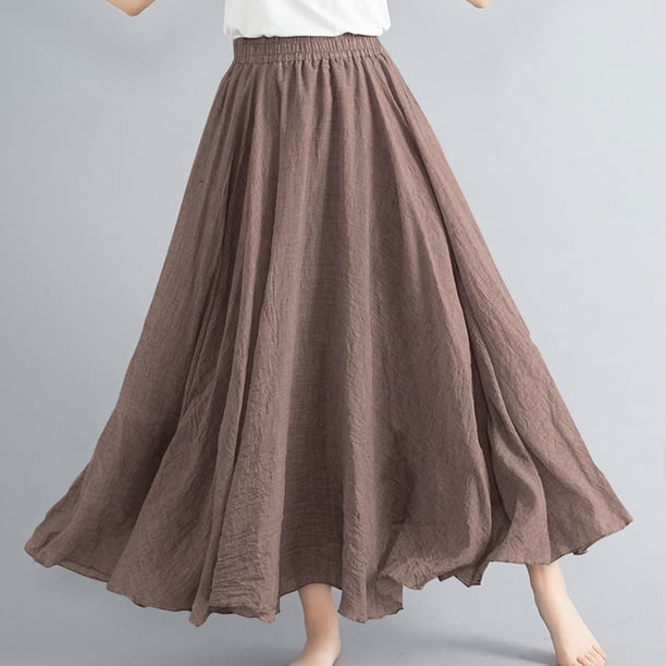 Jupe En Lin Pour Femme - Jupe Midi Élégante à Taille Élastique - Robe Trapèze Décontractée Fluide D'Été