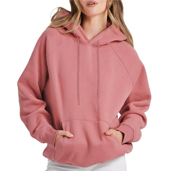 Womens Solid Color Fleece Hoodies Drawstring Sweatshirts with Pockets Winter Loose-Fit Long Sleeve Pullover