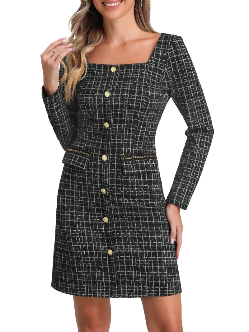 Inspire Chic Women's Tweed Dress Long Sleeves Square Neckline Knee Length Dresses L Black
