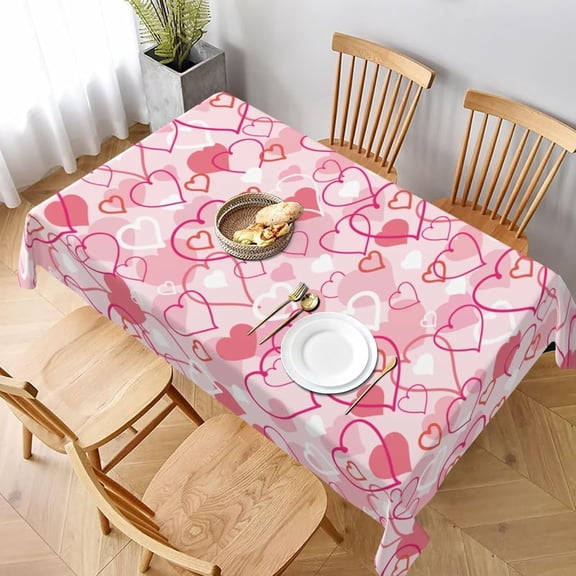 Valentines Day Tablecloth 60 x 84 Inch Rectangle, Pink Love Hearts Table Cloth Romantic Valentine''s Day Tablecloth Dust-Proof Wrinkle Resistant Rustic Tablecloth for Home Dining Room Party