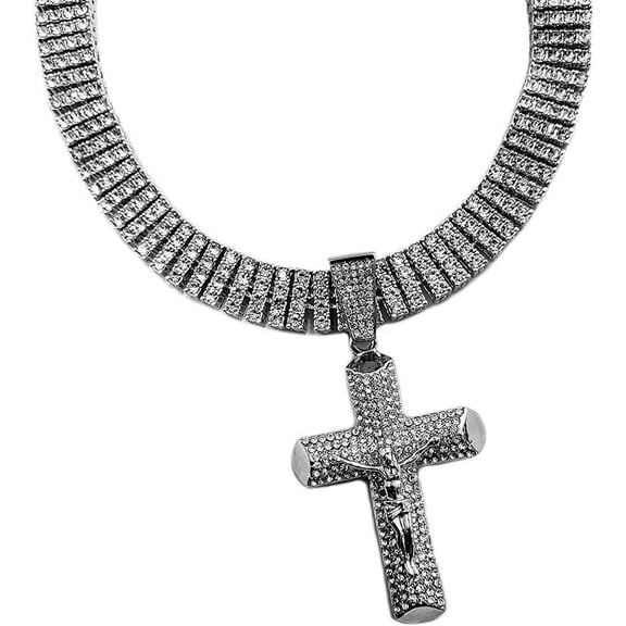Hip Hop Iced Jewelry Silver Plated Holy Jesus Cross Pendant & 15mm 20" Iced 4 Row Cubic Zirconia Tennis Chain Bling Necklace
