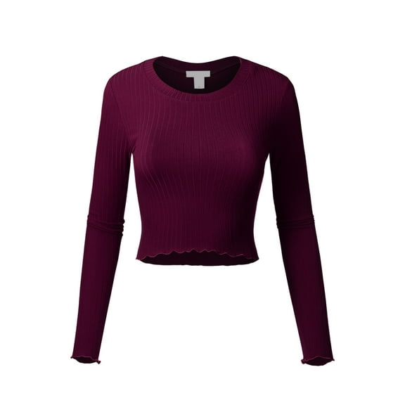 FashionMille Women's Long Sleeve Solid Slim Crop Top Round Neck Tee Stretch Shirt