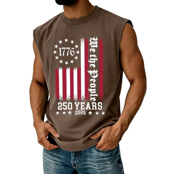 250 Anniversary Usa Shirt for Men 4th Of July Usa Independence Day Tank Top American Flag Graphic Sleeveless Patriotic Tank Tops We the People Round Neck Tee Shirts,Brown S