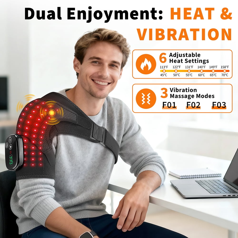 Cordless Red Light Therapy for Shoulder with Heat Massage, Portable Heated Shoulder Brace Wrap with 5000mAh Cord-Free Controller, Improve Joint Muscle