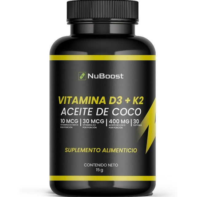 NuBoost Vitamina D3 K2 y Aceite de Coco - 30 Cápsulas Blandas - 400 UI D3-30 mcg K2 - MADE IN USA