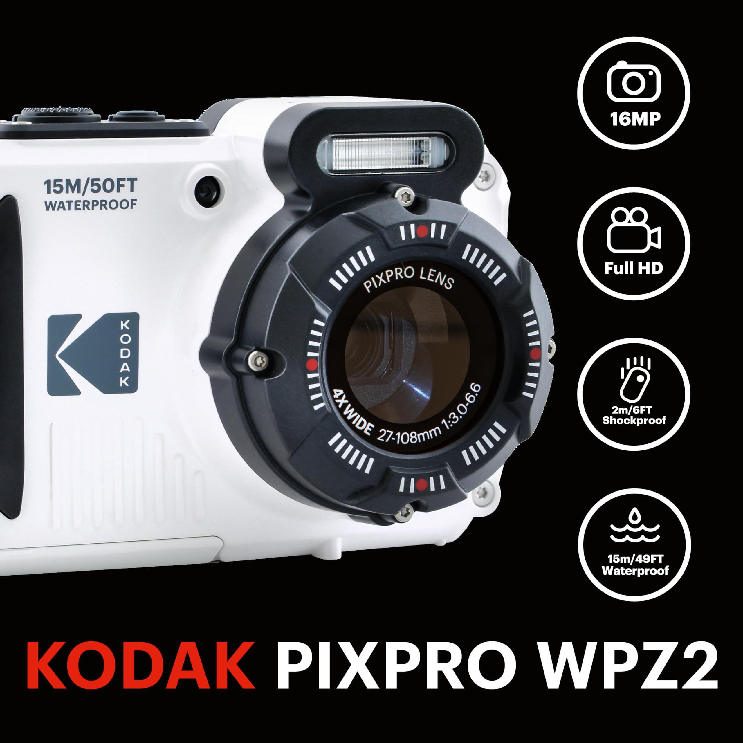 Kodak Pixpro WPZ2 - Compact Digital Camera 16M Pixels, Waterproof to 15m, Shockproof, Video 720p, LCD Screen 2.7 - Li-ion Battery, White