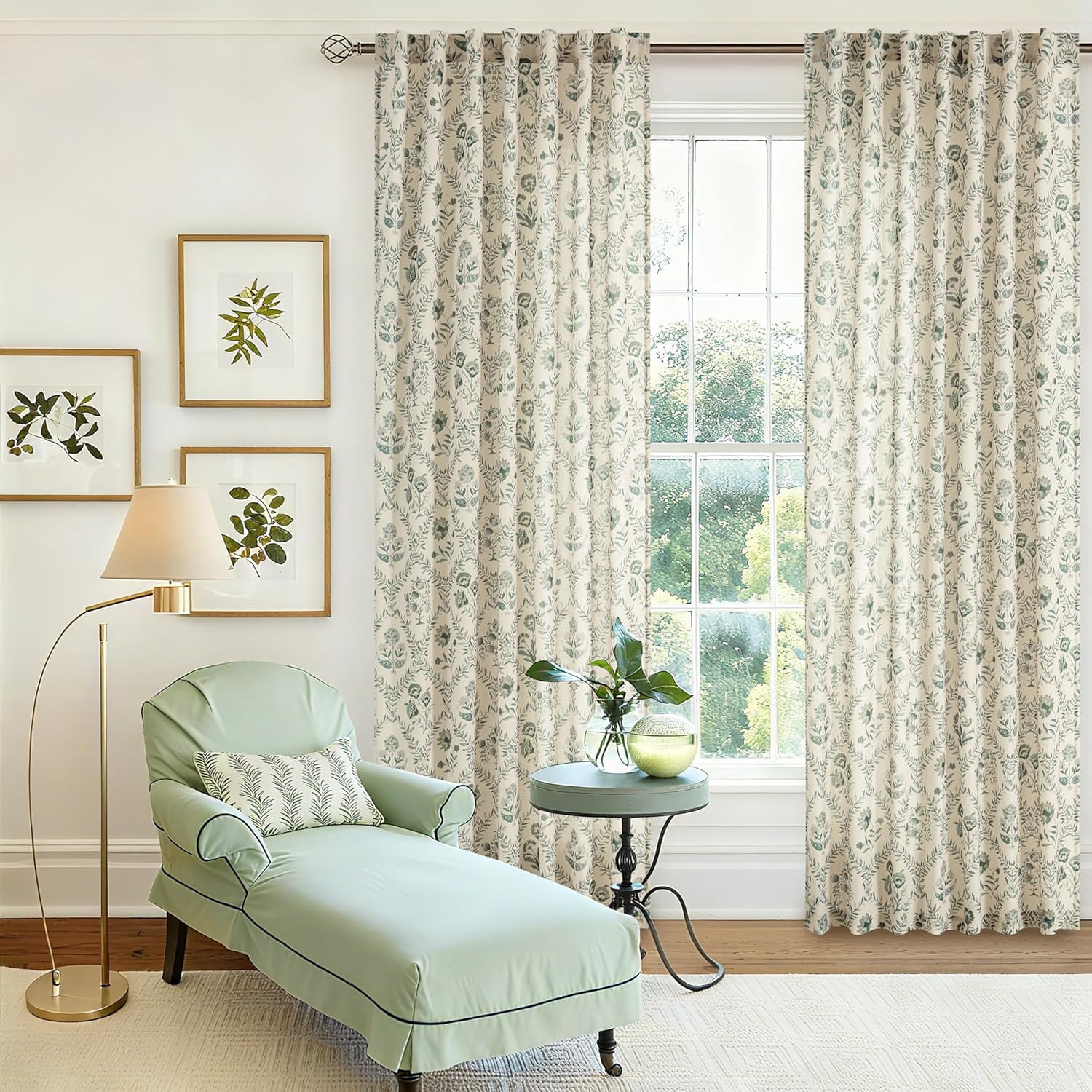 Green Farmhouse Curtains 90 Inch Length for Living Room Spring Light Filtering Back Tab Sage Greyish Green Leaf Flower Patterned Linen Curtains French Country Cottagecore Shabby Chic Floral Drapes