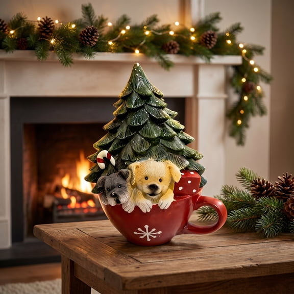Kmonabie Resin Christmas Tree Mug Dog Figurine, Festive Puppy Statue for Bookshelf Desk Decor, Holiday Collectible with Cozy Scarf for Dog Lovers