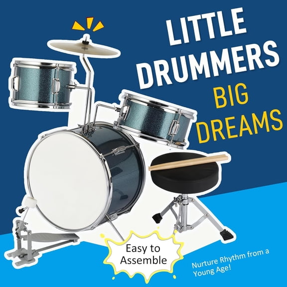 3-Piece Drum Set, 14 Inch Beginners Drums Kit with Throne Stool, Pedal & 2 Pairs of Drumsticks, Junior Drums Set Musical Instruments W/Cymbal, Tom, and Snare Drum (Blue)