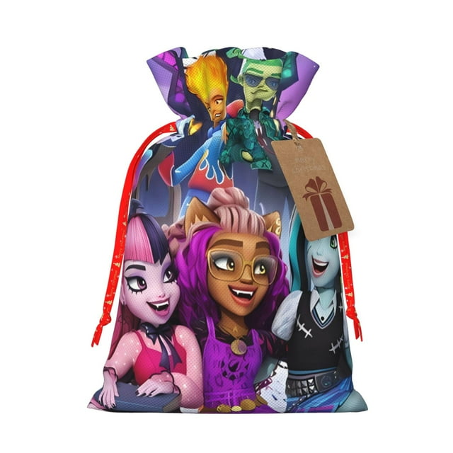 Yiaed Monster High Print Christmas Small Burlap Bags with Drawstring, Burlap Gift Bags Christmas Linen Treat Sacks Gift Wrapping Bags Xmas Holiday Party-Medium
